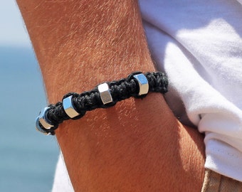 Mens Thick Black Hemp Bracelet made with Industrial Washers, Choose the color