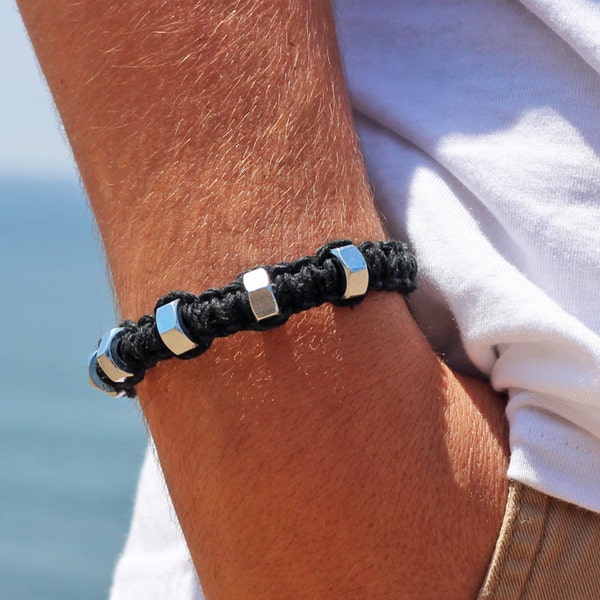 Mens Thick Black Hemp Bracelet made with Industrial Washers, Choose the color