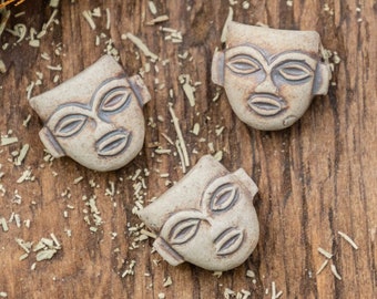 5 Clay Face Pendants,  High Fired Clay, natural Tan  Color,   Jewelry Supply