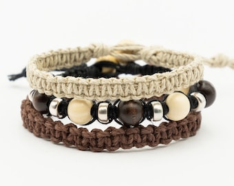 Natürliches Hanf Holz Perlen Armband, verstellbares Makramee Band, Öko Schmuck, Geschenk für Sie oder Ihn