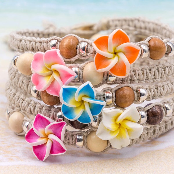 Bracelet fleur de chanvre plumeria, bracelets de cheville, fimo, perles de bois, bijoux de plage en macramé sur commande, couleur au choix