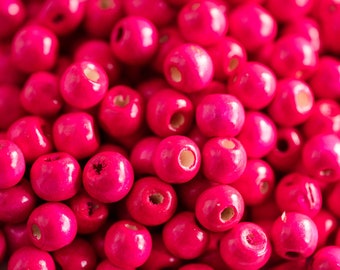 Round Hot Pink Painted Wood Beads,  3mm hole, 100 pieces -B3076