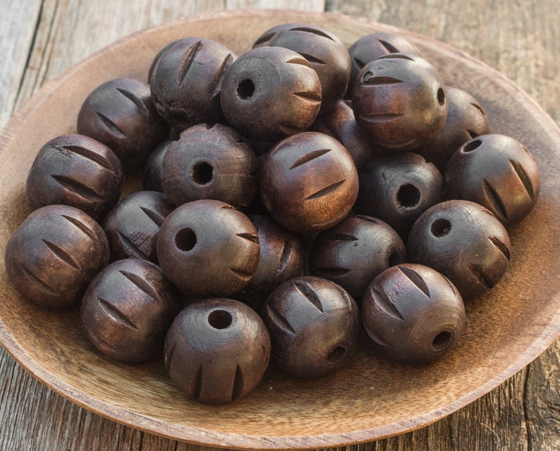 Large Round Wood Beads Dark Brown Carved 24mm Large Hole Etsy