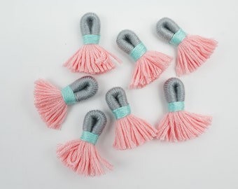 Mini Jewelry Tassel,  Cotton Thread, Pink With Gray handle  - 5 Pieces