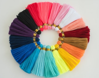 Colorful Necklace Tassels, 4 inch cotton with gold thread, hand crafted in India,  mixed colors, 5 pieces