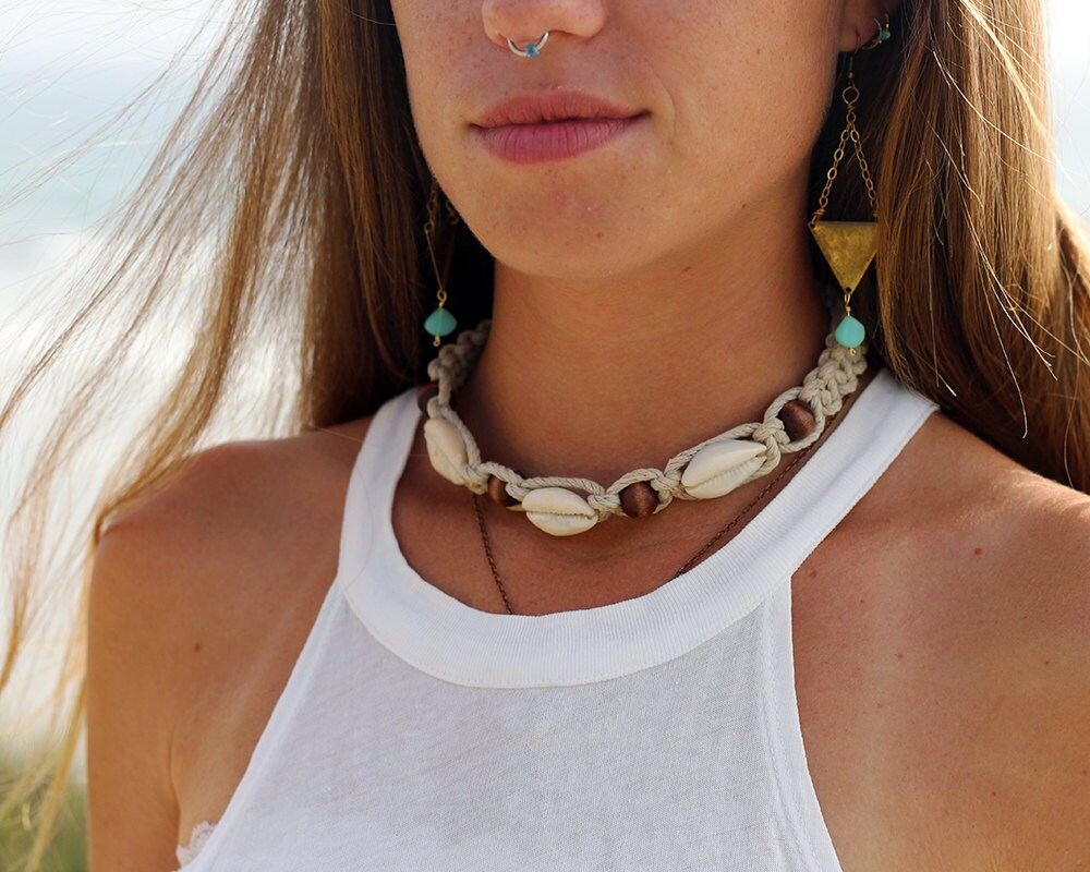 Thick Hemp Beaded Choker for Men or Women Created With Wood Beads