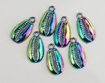 Metal Shell Pendants, cowry charms, electroplated rainbow finish  - 10 pieces - B3268