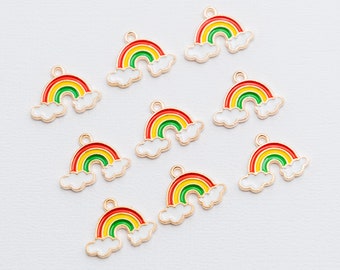 May include: Nine gold-tone rainbow charms with white clouds. Each charm features a red, yellow, and green rainbow with a gold-tone loop for attaching.