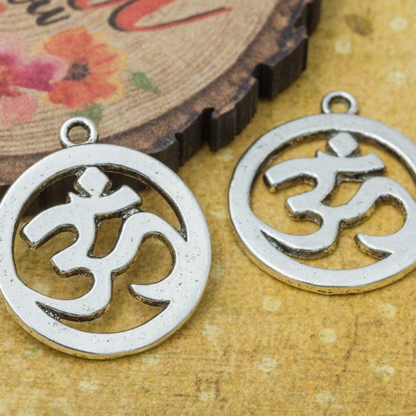 Round Ohm Pendant, Silver Tone, 5pcs, 25mm,  Metal  Charms, Om Symbol  -C1064