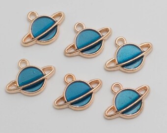 Celestial Charms, Planet Pendants, Gold Tone Jewelry  Findings, Flat Round Blue Enamel -  5 pieces -C1248