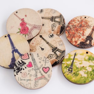 Eiffel Tower Wood Pendant: 2-inch Printed Discs, Mixed Designs (5 Pieces)