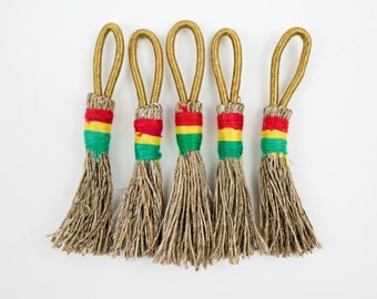 Natural Jute Twine Tassels, Wrapped with Red yellow Green thread, Gold Handle  4 Inch long, 5 pieces
