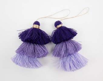 2  Cotton Tassels with gold thread,  3 shades of purple,  Tassel Pendants, 3 inch