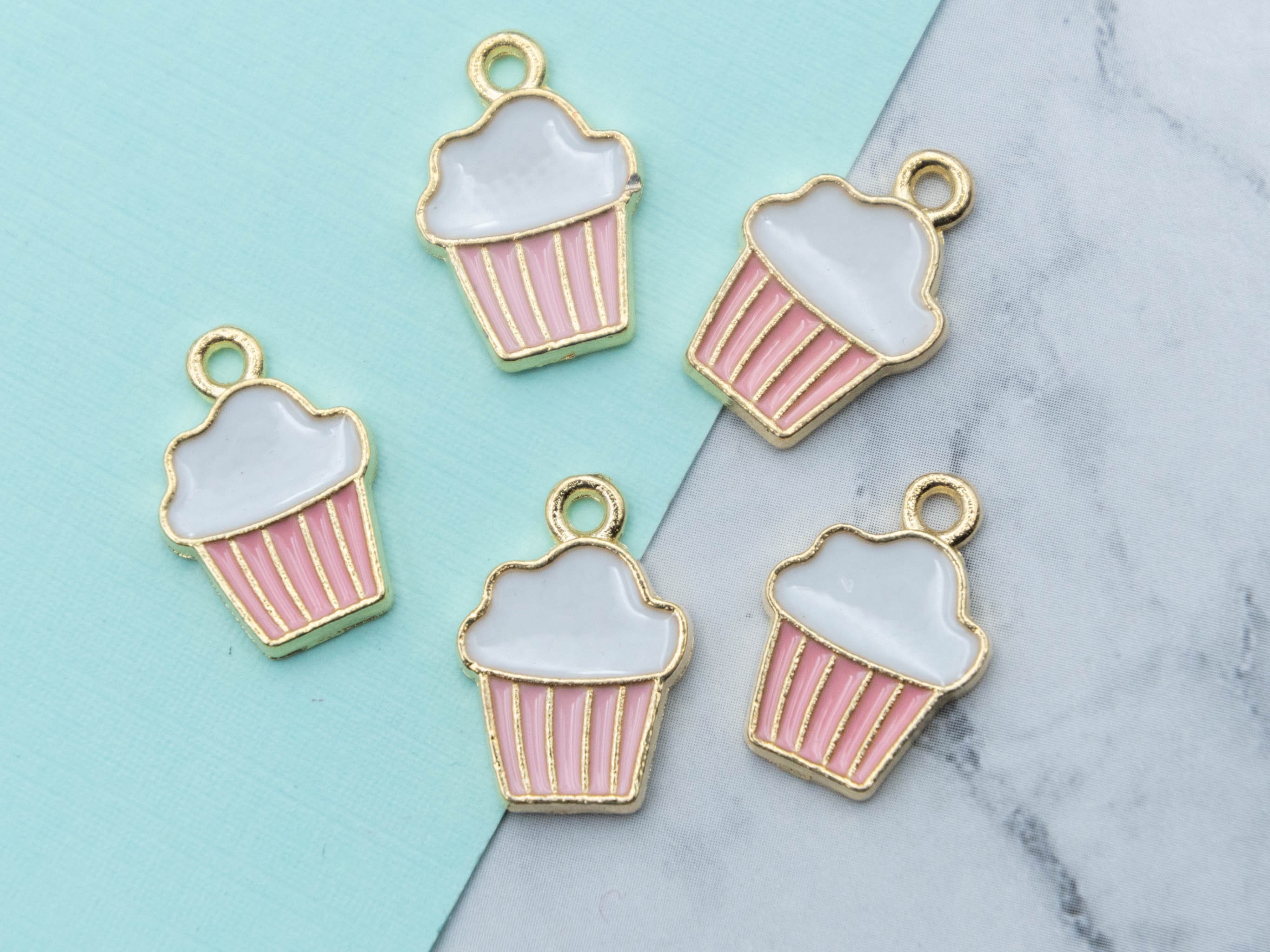 Pink Cup Cake Charms, Food Charms, Summer Pendants, Gold Tone Jewelry  Findings C1201 