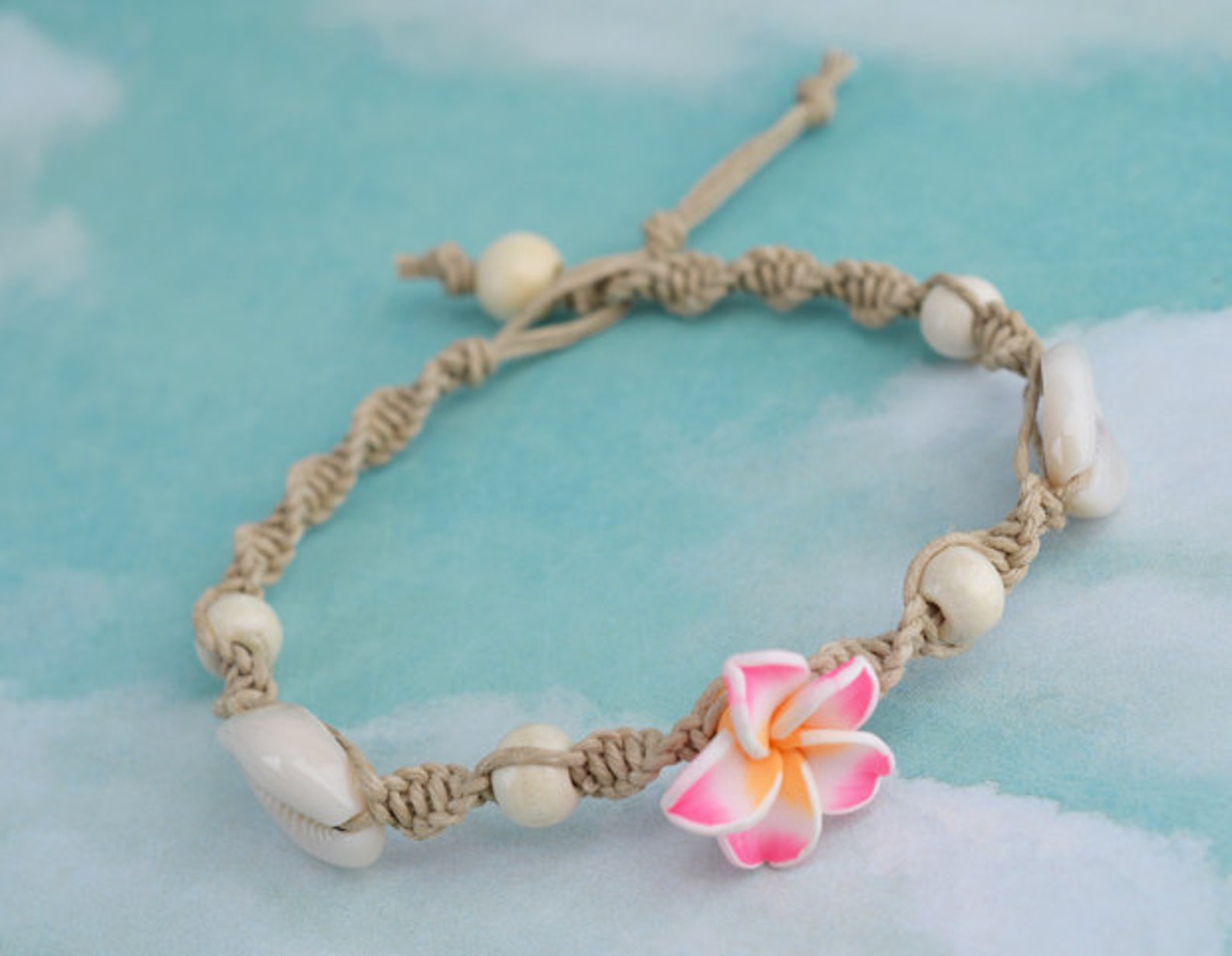 Hemp Shell Anklet Beach Anklet Flower Bead Anklet Macrame Etsy