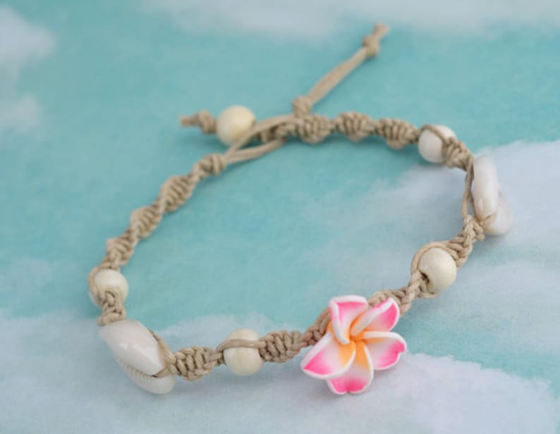 Hemp Shell Anklet Macrame Anklet Beach Anklet Flower Bead Anklet Hemp Jewelry
