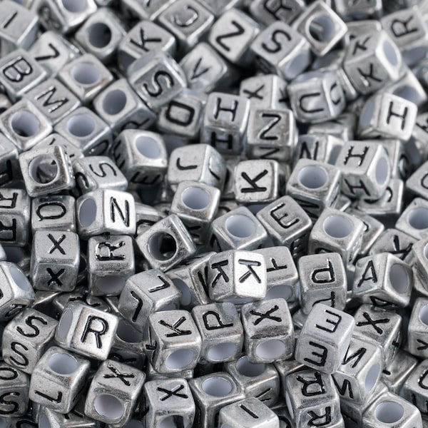 Plastic Cube Letter Beads  6mm, Silver color with black lettering, 100 pieces  -B3066