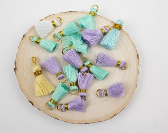 Small  Jewelry Tassel Lot,  Cotton Thread and Gold ring, Pastel Colors  - 17 Pieces