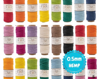 May include: A collection of colorful hemp cord spools in various shades, including red, orange, yellow, green, blue, and purple. Each spool is labeled with "HEMP CORD" and the size "0.5mm".
