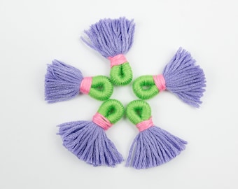 Mini Jewelry Tassel,  Cotton Thread, Purple With Green handle  - 5 Pieces