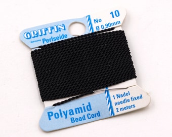 Black Griffin Silk Cord, .9mm, Size 10, 2 Meters, Jewelry Cord With Needle