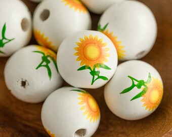 Large White Wooden beads - sunflower design - 5 pieces  -B1252