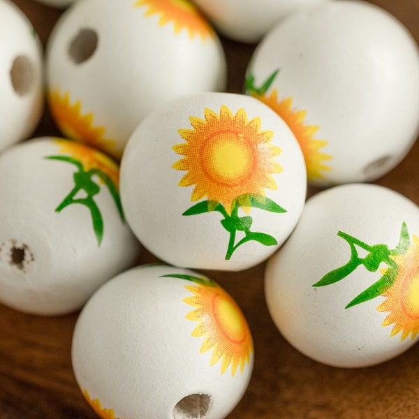 Large White Wooden beads - sunflower design - 5 pieces  -B1252