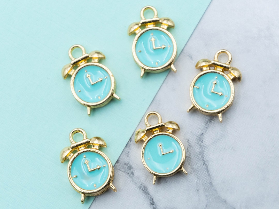 Enamel Clock Charms Alarm Clock Pendant Aqua Gold Color Etsy