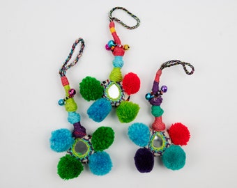 Tassel with  mirror,  pom pom  tassels, decorative  Boho   Ornaments - 3 pieces