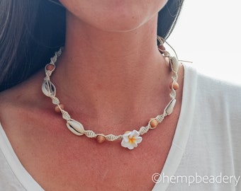 Cowrie Shell Flower Hemp Necklace with wood beads: hand made to order