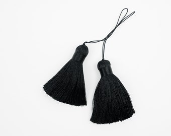 2 Thick Black  Silk Thread  tassels,   string tie,  3 inch Long