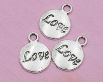 Silver   Wedding  Charms, antique metal,  stamped charms, word Love, 11mm -C758