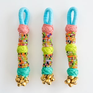 Handmade Cotton Seed Bead Tassel with Jingle Bells - Blue Hanger