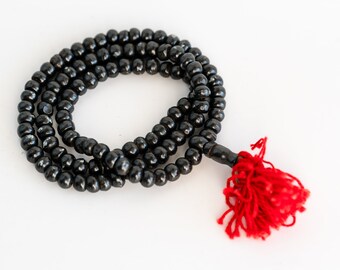 Bone Mala beads with red tassel, 6mm diameter, 20 Inch Strand  -BN95
