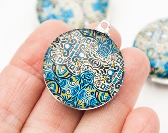 Round Glass Picture  Pendants,  mandala pattern, boho design, pendants for leather cord  -C1156