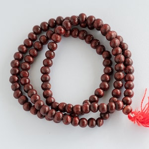 Brown Wood Mala  Beads 10mm - Red Tassel - 100 piece strand -B1116