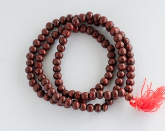 Brown Wood Mala  Beads 10mm - Red Tassel - 100 piece strand -B1116