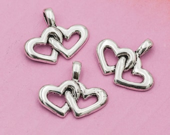 Antique Silver Metal Heart Charms,   Wine  Bottle Decoration, small double heart pendants, 15 pieces - C1116