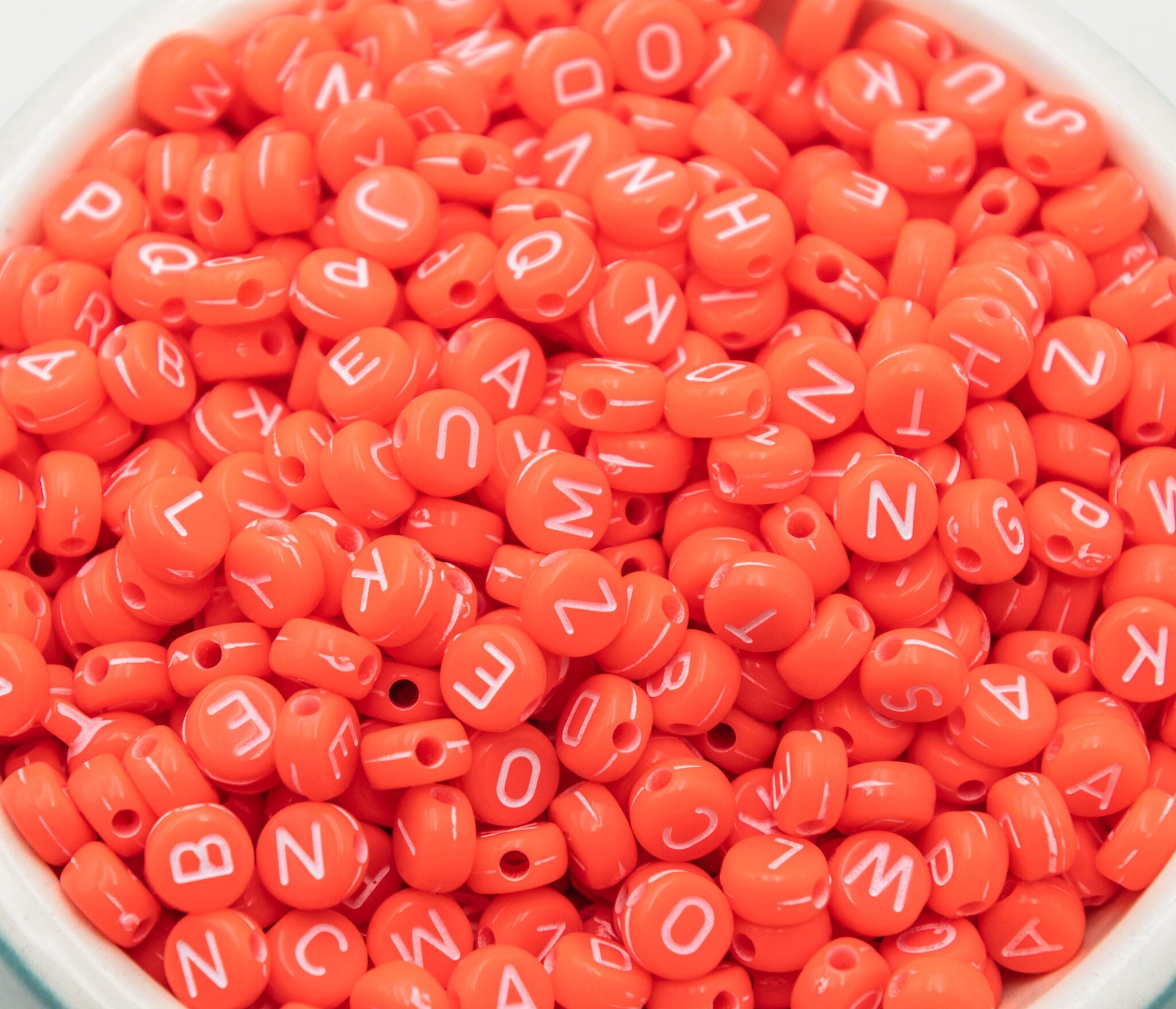 Bright Orange Alphabet Beads, 7mm diameter,  Mixed Letters -B2694