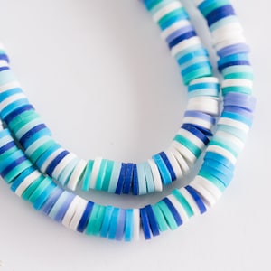 Polymer Clay Disc beads  blue white stripe, 6mm diameter, one strand -B3089