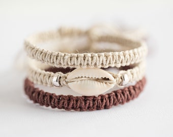 Cowrie Shell Hemp Bracelet,  handmade surf jewerly,  3 macrame bands - made to order