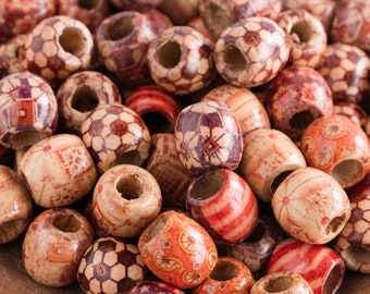 Large Hole Wooden Beads,  mixed printed Patterns, 16mm diameter - 40 pieces - B210