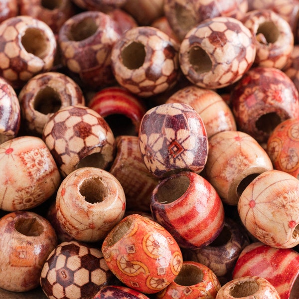 Large Hole Wooden Beads,  mixed printed Patterns, 16mm diameter - 40 pieces - B210