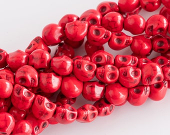 Red Howlite Skull Beads  10mm,  Jewelry Supply, 38 piece strand -B3142