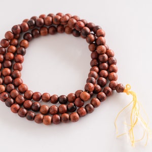 Wooden 108 Mała Beads from Burma, Natural Rosewood with yellow tassel, 8mm diameter,   -B3088