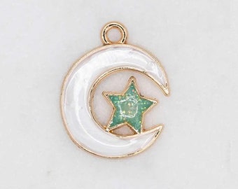 Enamel Moon Star Pendant, White with Glitter Coating, Celestial   Charm,  3 pieces - C1243