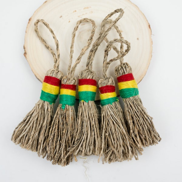 Natural Hemp Twine Tassels, Wrapped with Red yellow Green thread,  2 1/2 Inch long, 3 pieces