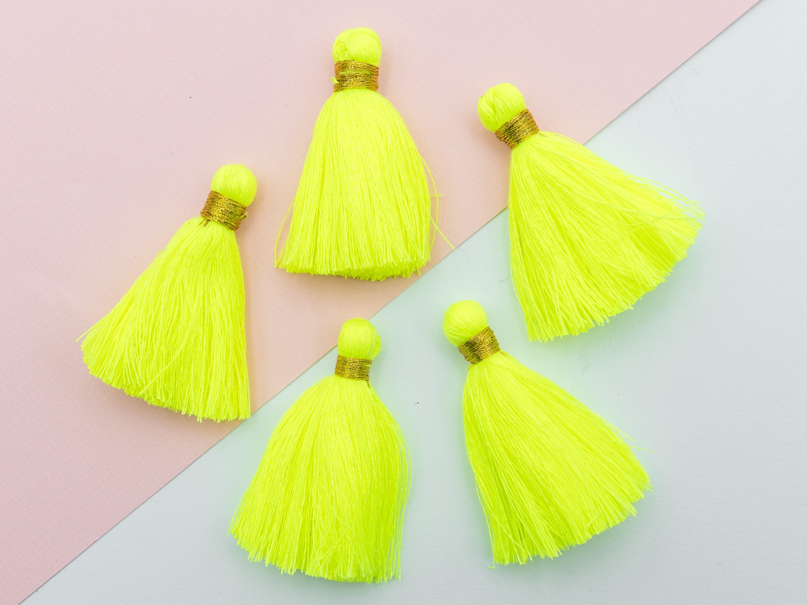 5 Neon Yellow Cotton Tassels with Gold Thread 2 inch Etsy