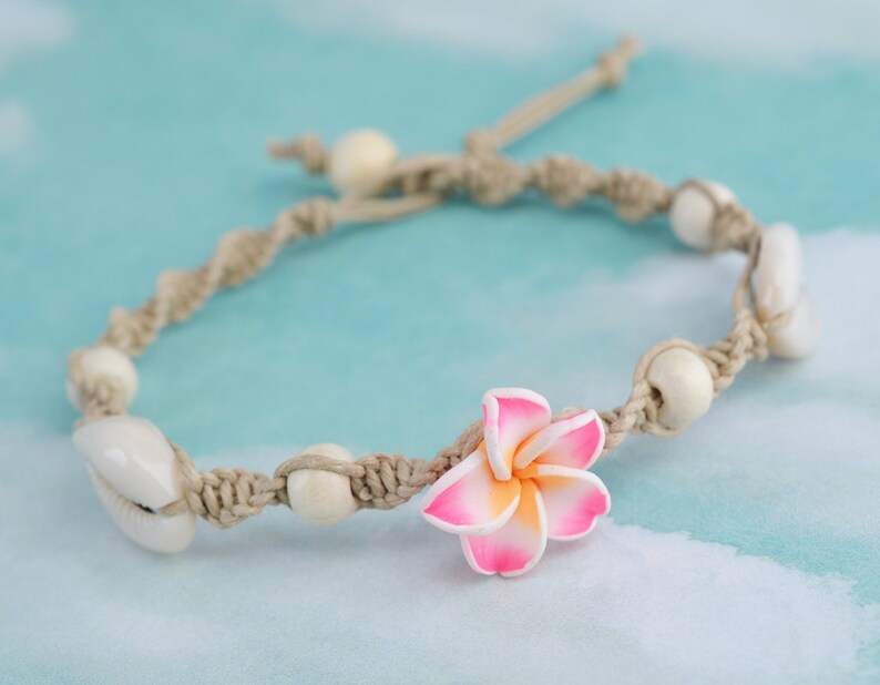 Hemp Shell Anklet Macrame Anklet Beach Anklet Flower Bead Anklet Hemp Jewelry