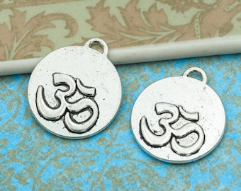 Ohm  Charms, Round metal Pendant,   Silver Tone, buddhist Symbol    -C881